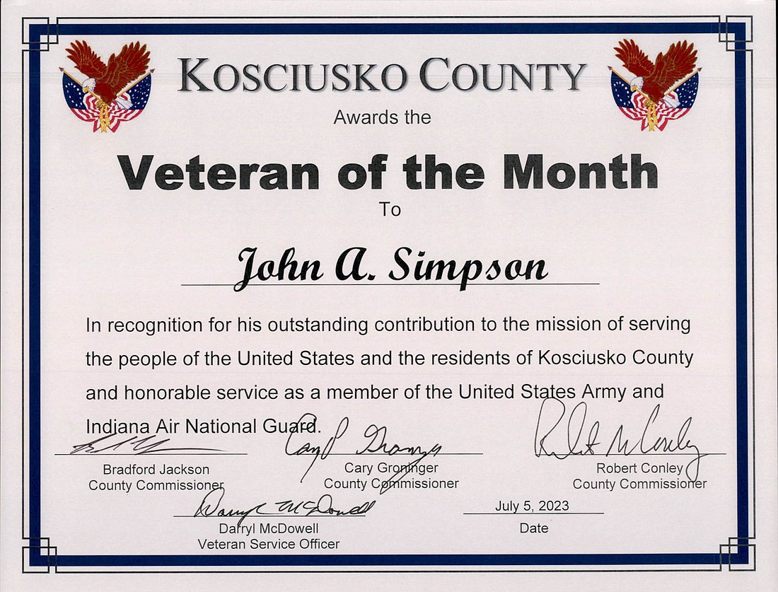 John A. Simpson is the July 2023 Kosciusko County Veteran of the Month. He passed away June 24 and was laid to rest in Oakwood Cemetery on Saturday. Photo Provided.