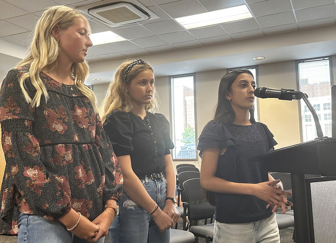 Members of Warsaw Community High School HOSA (Health Occupations Students of America) - Future Health Professionals presented to the Warsaw Common Council on Monday about an Aug. 12 blood donation event. Pictured (L to R) are Addison Whitaker, historian; Sophia Lunsford, president; and Titiksha Gorhe, co-president. Photo by David Slone, Times-Union