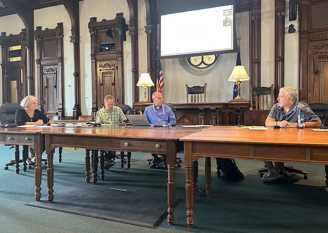 Kosciusko County Parks and Recreation Board member Mike Cusick (R) asks a question Thursday about the request for proposals for the greenways and blueways master plan to board members (L to R) Aggie Sweeney, Vice President Troy Turley and President Rob Bishop. Board Secretary Matt Metzger was absent from Thursday’s board meeting. Photo by David Slone, Times-Union