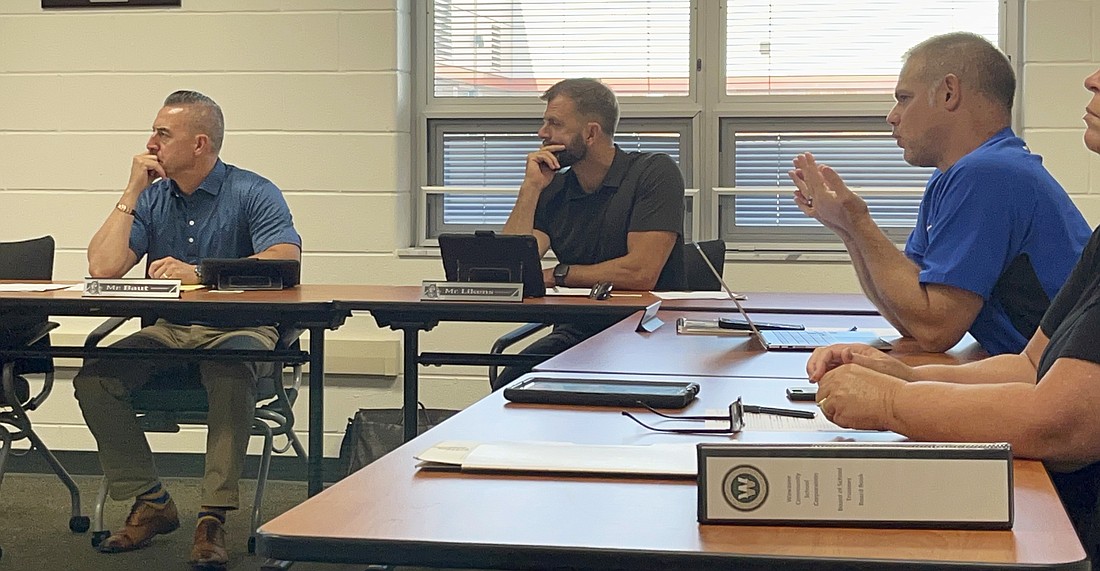 Interim Director of Finance Dr. Brandon Penrod (R) presented a preliminary 2024 budget to the Wawasee School Board Tuesday. More information will be presented during the regular September school board meeting. Pictured (L to R) are Steve Baut, Neil Likens and Penrod. Photo by Marissa Sweatland, InkFreeNews