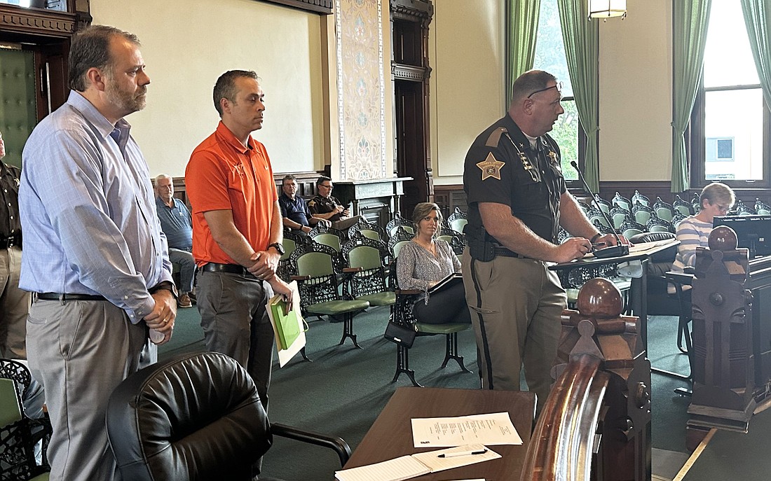 (L to R) Tippecanoe Valley School Corporation Superintendent Blaine Conley, Warsaw Community School Corporation Superintendent Dr. David Hoffert and Kosciusko County Sheriff Jim Smith went before the Kosciusko County Council Thursday to request additional school resource officers. Photo by David Slone, Times-Union