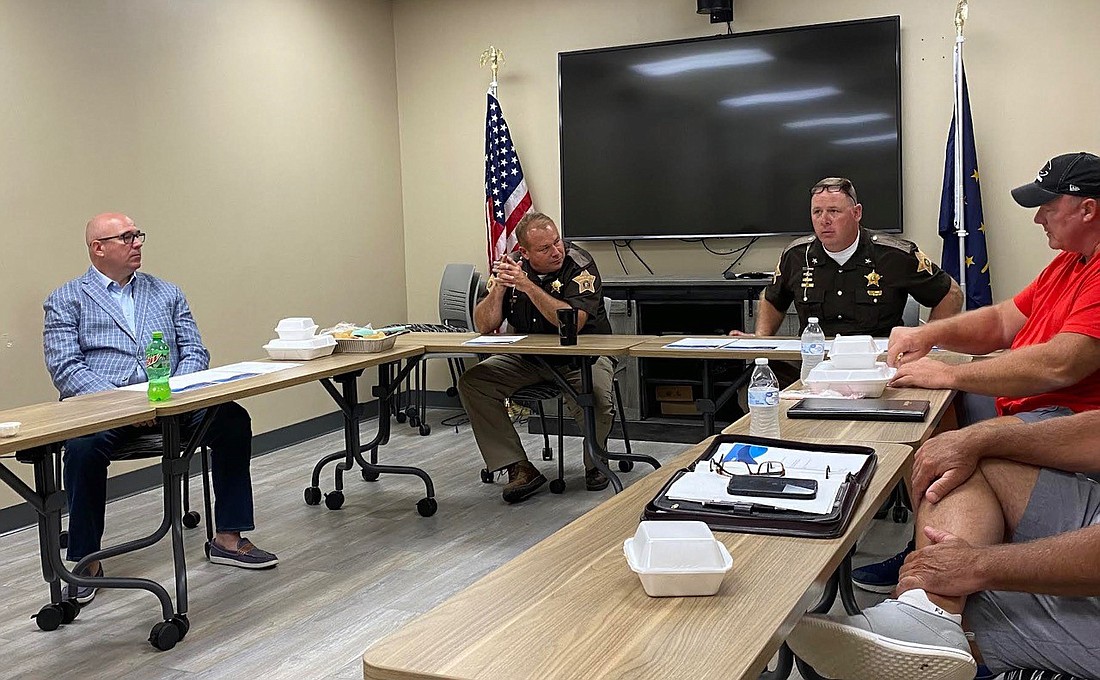 At the Kosciusko County Sheriff's Merit Board meeting on Thursday are (L to R) Board member Alan Alderfer, Kosciusko County Sheriff's Office Chief Deputy Chris McKeand, Kosciusko County Sheriff Jim Smith and board member Bill Kelly. Photo by Leah Sander, InkFreeNews