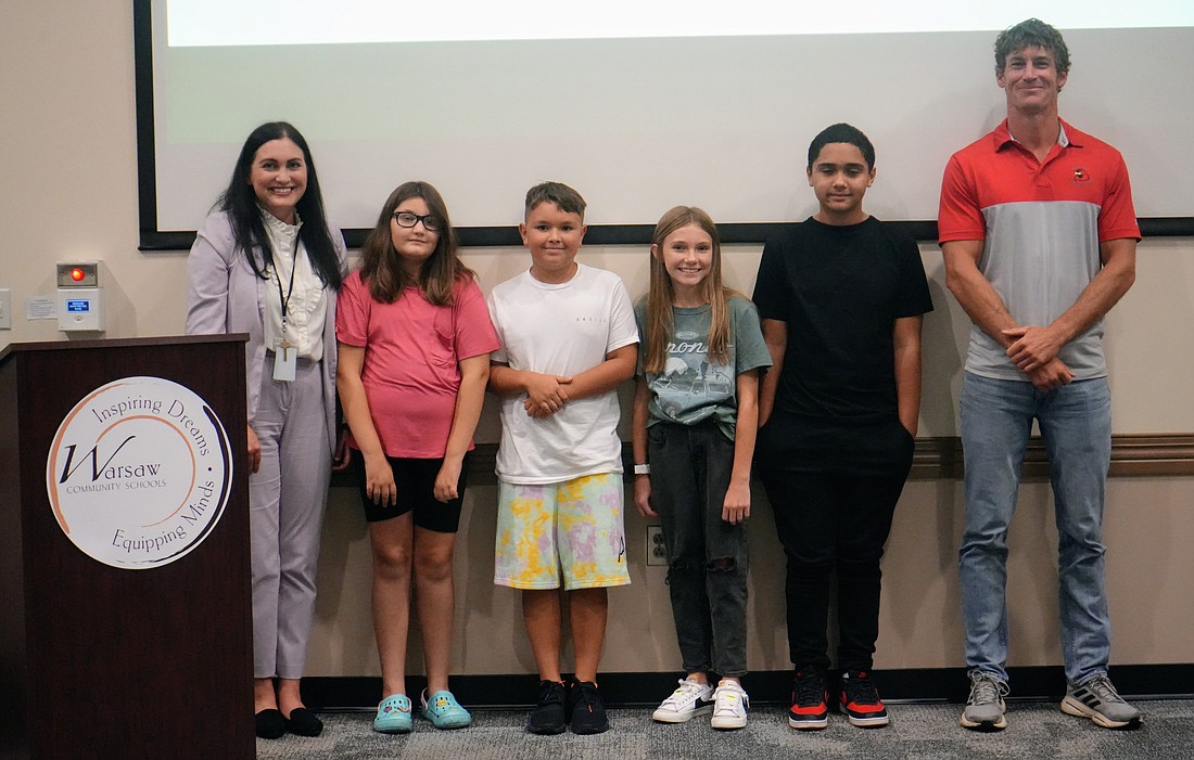 Madison Elementary School Principal Francesca Hoffmann, Gemma Cox, Dominick Tram, Tenley Silveus, Kaiden Bradford and Madison Elementary teacher Grant Hendrikse are pictured. Photo Provided