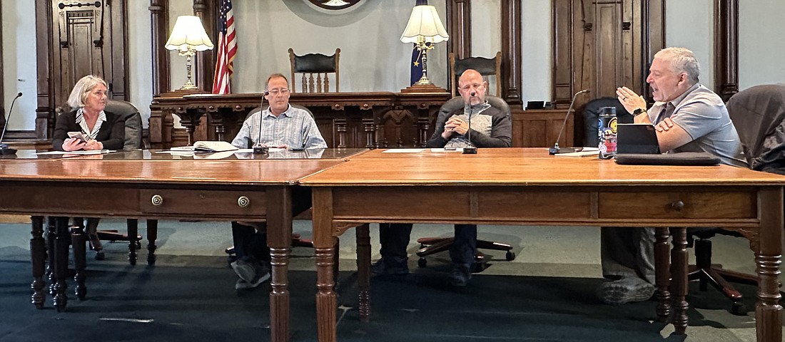 Kosciusko County Parks and Recreation Board member Mike Cusick (R) makes a comment to the other present board members, including (L to R) Aggie Sweeney, Vice President Troy Turley and Secretary Matt Metzger. President Rob Bishop called in to the meeting. Photo by David Slone, Times-Union