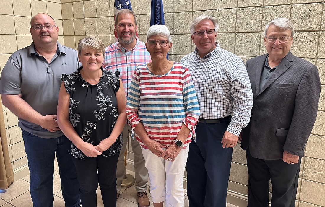 Pierceton Republican town convention in 2023 chose Myra Mast as clerk-treasurer and Matt Brubaker, Eric Trump and Glenn Hall for town council. Pictured (L to R) are Brubaker, Mast, Trump, town convention chair Georgia Tenney, Hall and Kosciusko Republican Party Chair Mike Ragan. Photo by David Slone, Times-Union