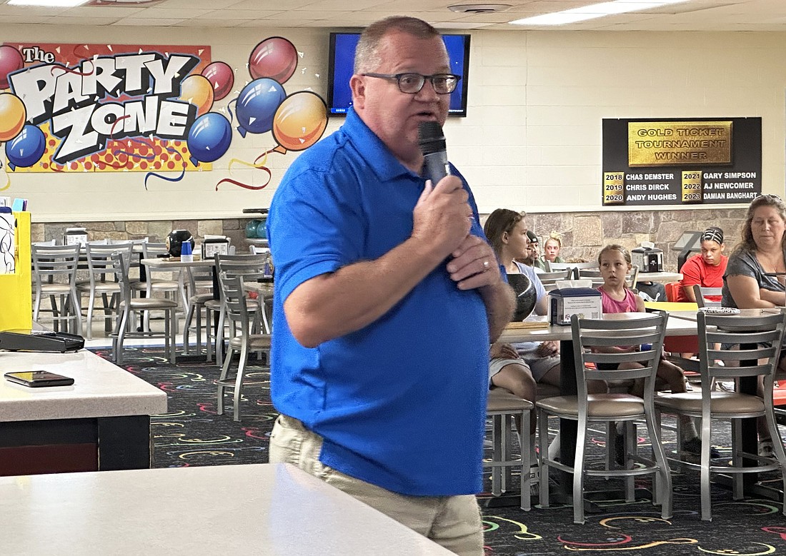 Chris Cage, of Willie 103.5, talks at Saturday’s Bowling Against Bullying about his son Christian, who took his own life in April. Photo by David Slone, Times-Union