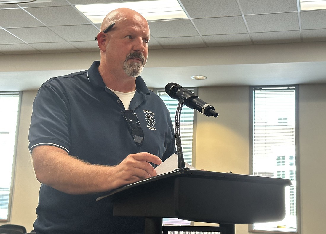 Warsaw Police Department Chief Scott Whitaker presents his three budgets to the Common Council Monday. Photo by David Slone, Times-Union