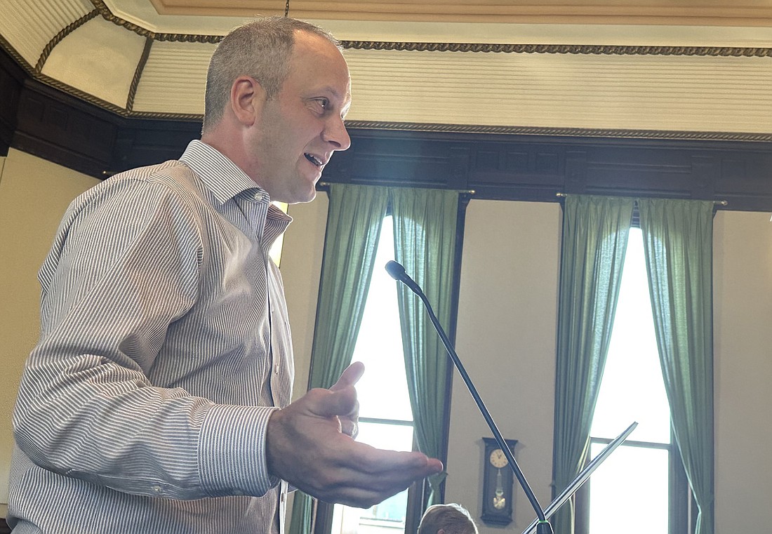 Rusty Holt, supervising traffic engineer with engineering firm WSP, updates the Kosciusko County Commissioners Tuesday on the U.S. 30 East study. Photo by David Slone, Times-Union