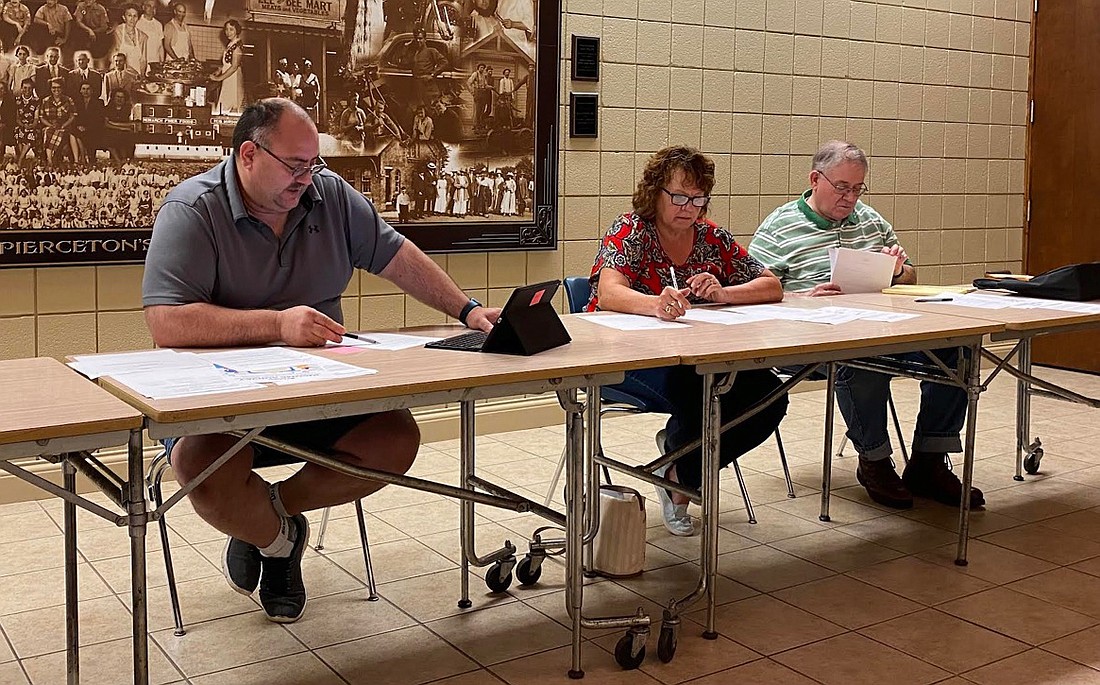 At the Pierceton Town Council meeting on Monday, pictured (L to R) are Town Council President Matt Brubaker, Vice President Janet Castle and member Tom Barker. Photo by Leah Sander, InkFreeNews