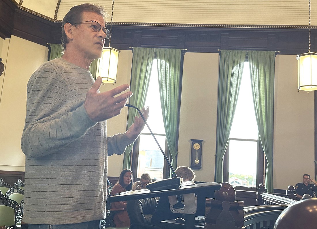 Matt Banta, Warsaw, explains to the Kosciusko County Commissioners Tuesday why he thinks an ordinance they recently unanimously approved is unconstitutional. Photo by David Slone, Times-Union