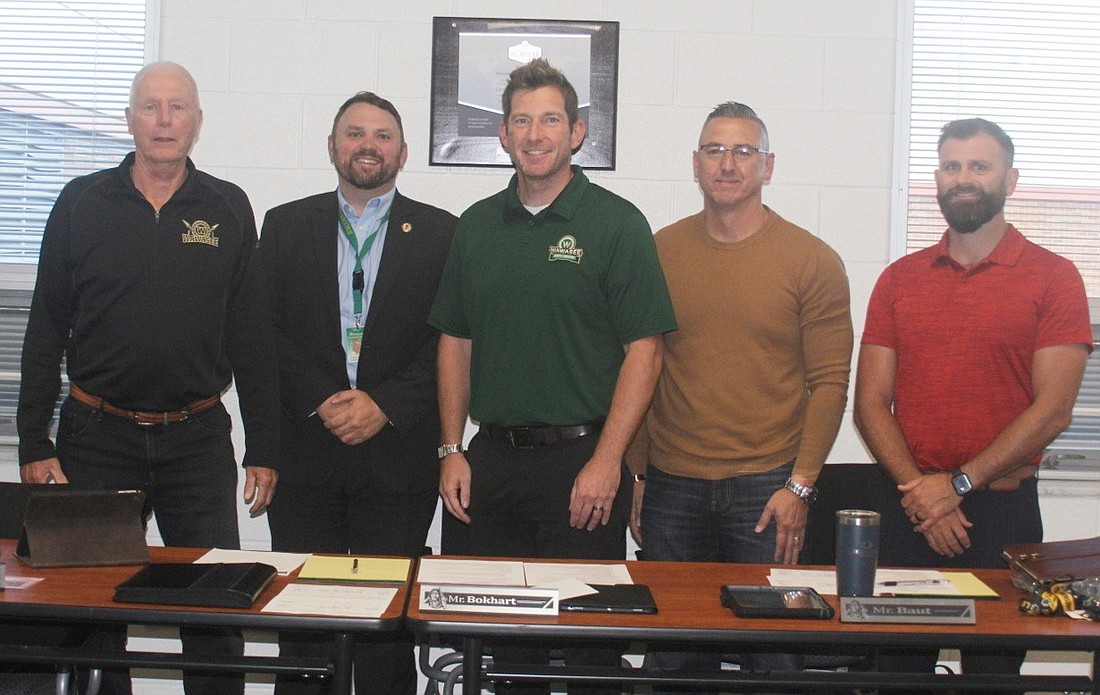 Principal Lee Snider, of North Webster Elementary School, has been selected as the 2023 District 2 Elementary Principal of the Year. Pictured (L to R) are Wawasee School Board member Don Bokhart, Superintendent Dr. Steve Troyer, Snider and Board members Steve Baut and Neil Likens. Photo by Marissa Sweatland, InkFreeNews