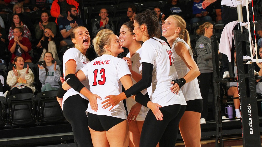Pictured are the Lancers celebrating a point during their sweep of St. Francis on Saturday.