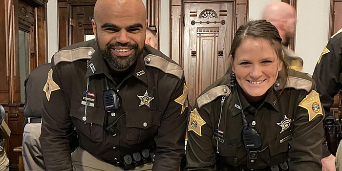 Kosciusko County Sheriff's Office deputy Shaun Mudd (L), shown with fellow deputy Elizabeth Johnson in early 2023, is set to become the second student resource officer in the Tippecanoe Valley School Corporation after the TVSC Board OK'd a memorandum of understanding with Kosciusko County Monday. Photo by Leah Sander