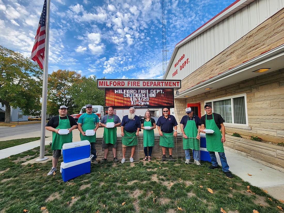 Milford firefighters are preparing for its annual chicken barbecue from 11 a.m. to 2 p.m. Oct. 1. Pictured (L to R) are Eric Haines, Adam Melton, RJ Plummer, Scott Wallace, Jessica Miller, Keith Hunsberger, Max Ducan and Alan Speicher. Photo by Deb Patterson, InkFreeNews