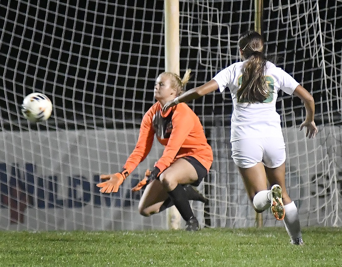 Warsaw senior goalie Claire German makes a save during the first half as Bri Munoz of Northridge makes her presence known. Photo by Gary Nieter
