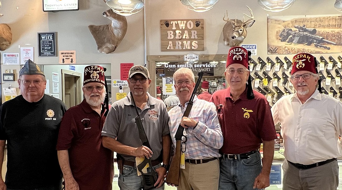 The Kosciusko County Shrine Club’s annual turkey shoot is Oct. 14-15 at Beeson’s Gun Range.  Pictured (L to R) are Fred Vining, Sons of the American Legion; Don Smith, chairman, Shrine Club Turkey Shoot; Don Wallen, Two Bear Arms gun donation; Michael Wilson, McHatton-Sadler Funeral Chapels gun donation; John Sadler, co-chair turkey shoot; Jim Brennan, Shrine Club member. Photo Provided.