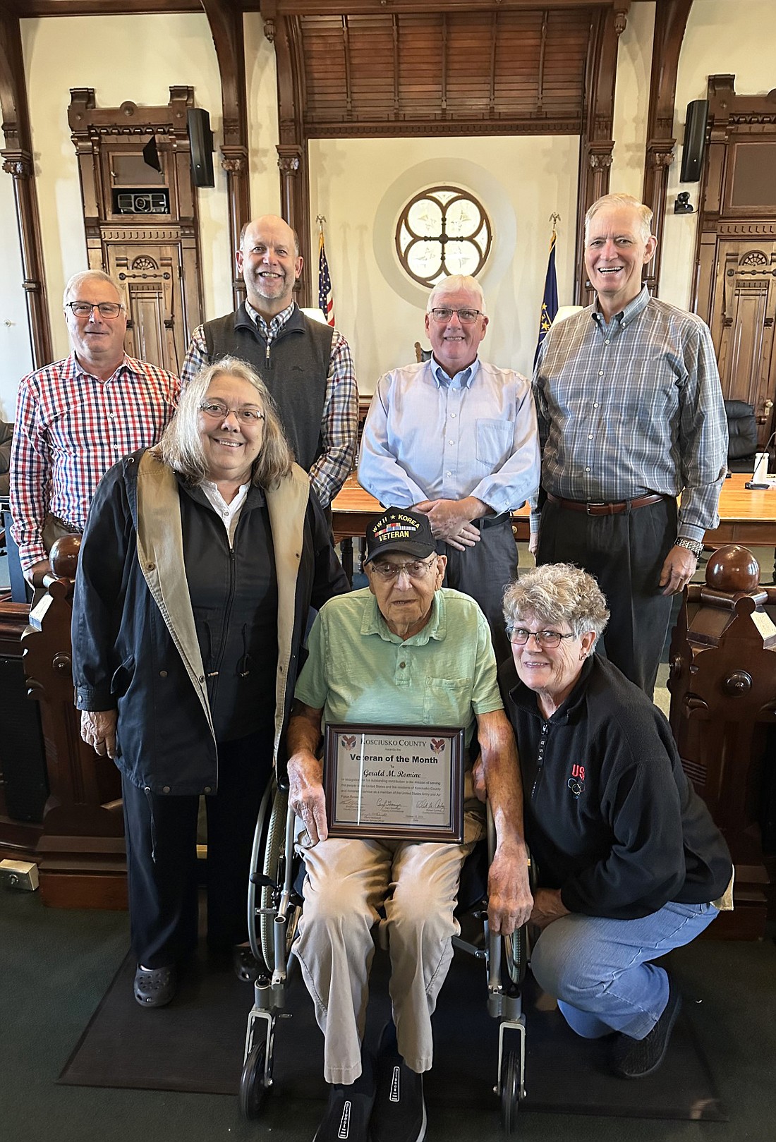 Gerald Romine, who served in the U.S. Army and Air Force, is the October 2023 Kosciusko County Veteran of the Month. Pictured (L to R) are, front row: Susan Kinney, Romine’s daughter; Romine; Linda Frenger, Romine’s caretaker; back row: Darryl McDowell, Kosciusko County veteran service officer; and Cary Groninger, Bob Conley and Brad Jackson, county commissioners. Photo by David Slone, Times-Union