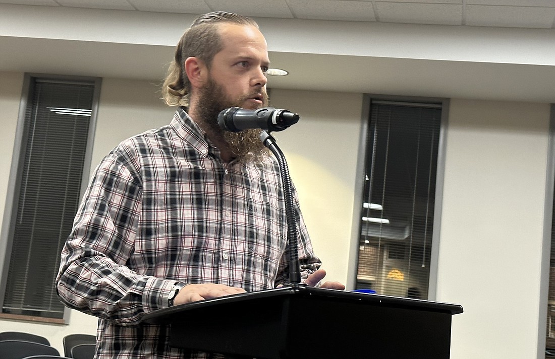 James Cress, a Warsaw resident on Maye Street, talks to the Warsaw Common Council Monday night about revisiting the city ordinance that prohibits chickens within the city limits. Photo by David Slone, Times-Union