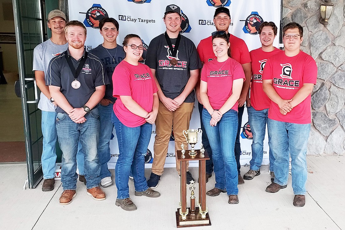 The Grace Shooting Team from left to right: Jackson Million, Sam Boyer, Cody Plisky, Mackenzie Bird, Matthew Walters, Ruth Abel, Stephen Foy, Niko Lopez and John Thomas.