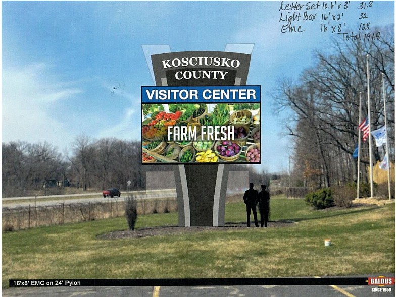 Shown is a rendering of the new sign to be installed at the Kosciusko County Convention & Visitors Bureau, 111 Capital Drive, Warsaw. An outline of the former sign, shaped like a V, can be seen behind the new sign. Rendering Provided By The Baldus Company