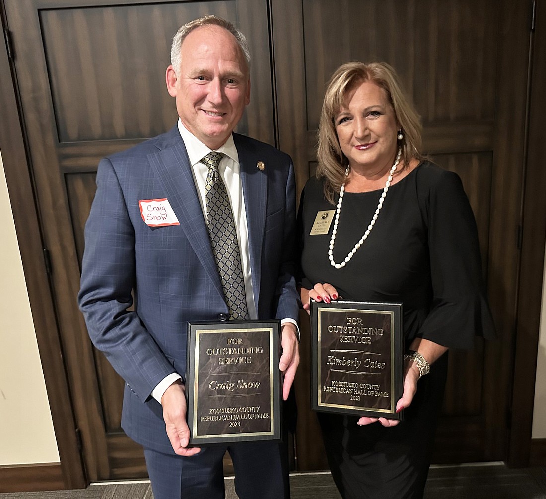 State Rep. Craig Snow (L) and Kosciusko County Councilwoman Kimberly Cates (R) were named the GOP Man and Woman of the Year Thursday during the Kosciusko County Republican Party Hall of Fame Dinner. Photo by David Slone, Times-Union