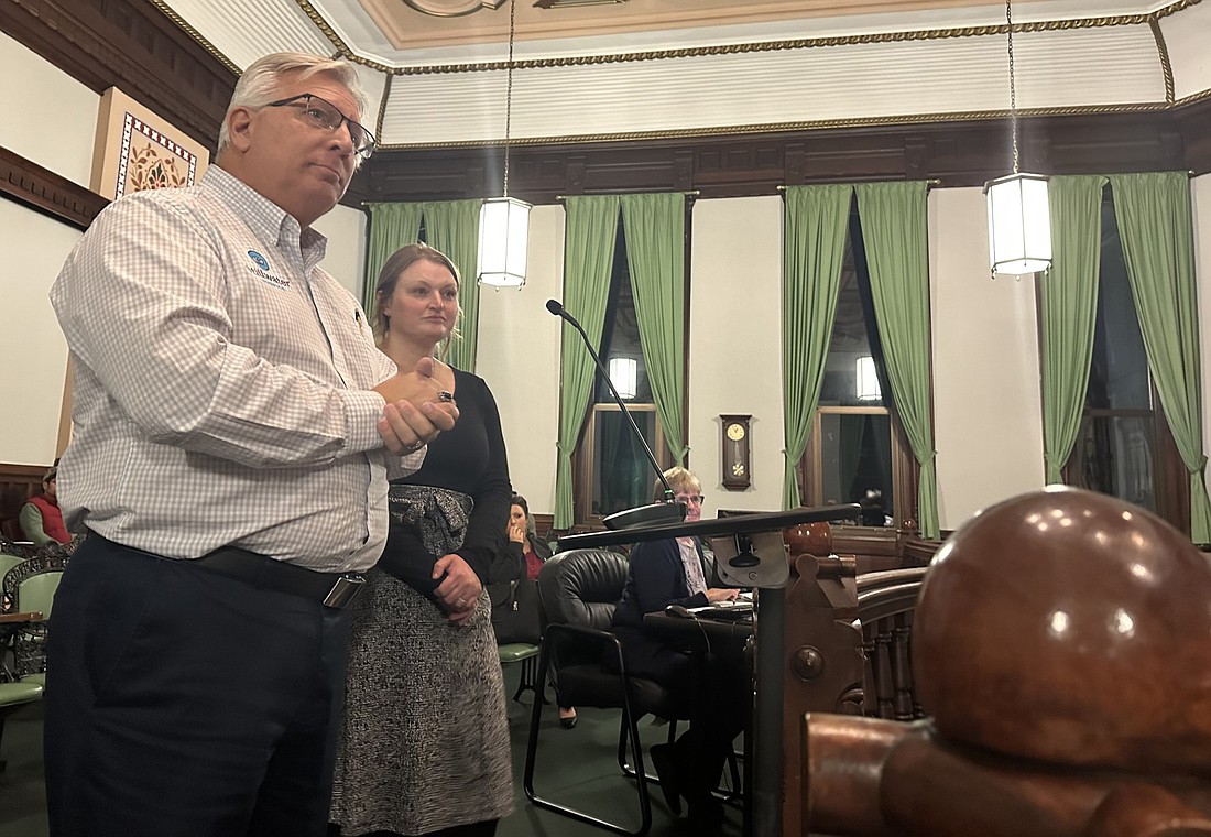 Glenn Hall, Stillwater outreach director for Kosciusko County, and Stillwater CEO Leslie Friedel (R) answer questions from the Kosciusko County Council Thursday Photo by David Slone, Times-Union