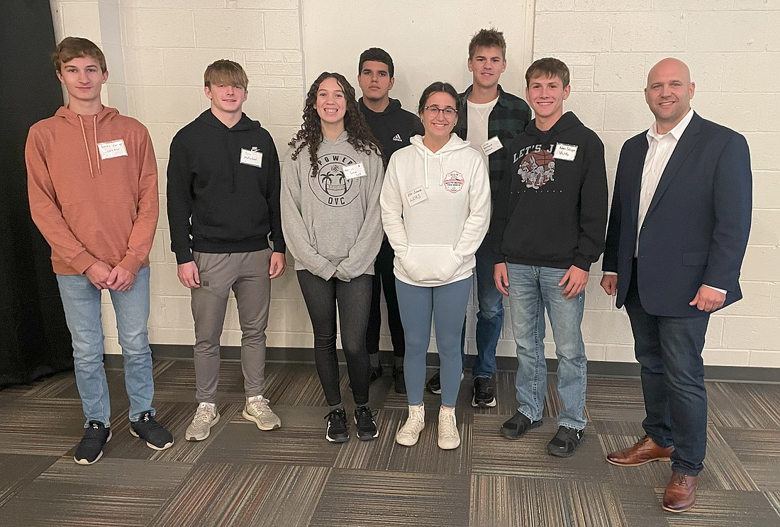 Pictured (L to R) are, front row: Lucas Conley, Warsaw Community High School; Ben McFarland, Triton Junior-Senior High School; Nevaeh Lowe, Lakeland Christian Academy; Ellie Schenck, WCHS; Kohen Schipper, Whitko High School; Tobe Forshtay, president and chief belief officer of Dream Again Life Coaching; back row: Noah Macias and Luke Kompagne, Wawasee High School. Photo Provided.