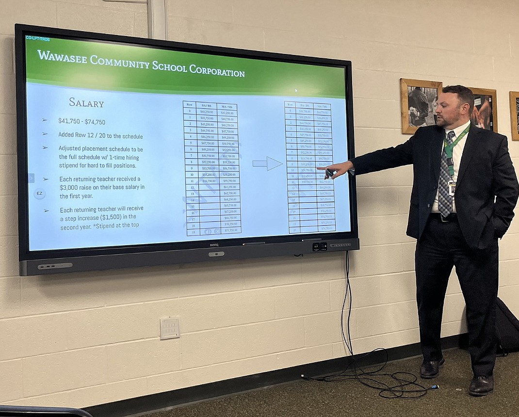 Dr. Steve Troyer, Wawasee Community School Corporation superintendent, explains the salary scales to the board. The scale is split into two columns to show salary increase differences between teachers who have bachelor’s degrees and master’s degrees. Photo by Marissa Sweatland, InkFreeNews