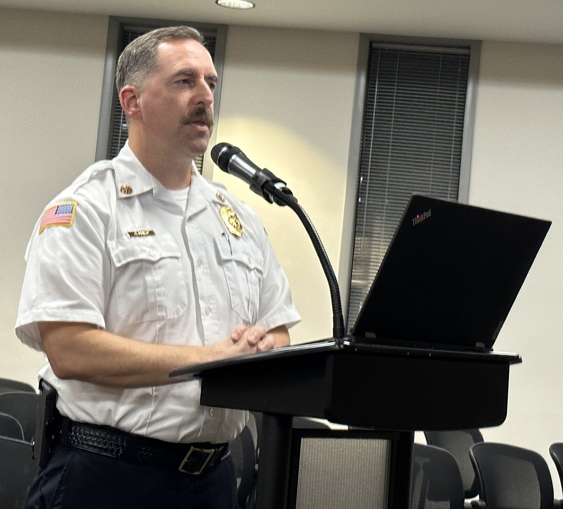 Warsaw-Wayne Fire Territory Chief Brian Mayo talks about the CARES website to the Warsaw Common Council Monday night. The website can be found at caresresources.com. Photo by David Slone, Times-Union