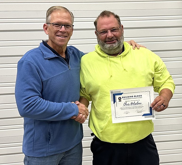 Maintenance laborer Chris Holsclaw (R) is the Warsaw Parks and Recreation Department’s team member of the month for October. With him is Warsaw Parks and Recreation Department Superintendent Larry Plummer. Photo Provided.