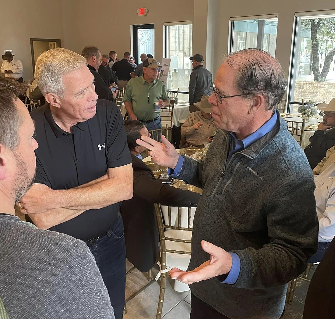 State Rep. David Abbott (R-Rome City) speaks with U.S. Senator Mike Braun (R-IN) while visiting the southern border in Eagle Pass, Texas, with the Indiana Sheriff's Association on Nov. 14. Photo provided.