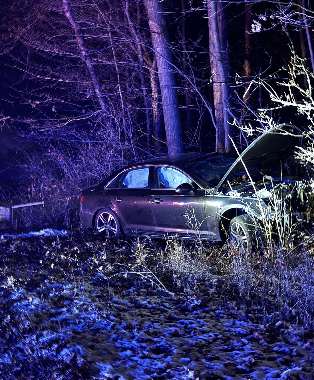 A North Webster man is dead and a Milford man is in the Kosciusko County Jail after this 2017 Audi crashed into a tree in the area of 8679 E. Epworth Forrest Road at about 3:29 a.m. Wednesday. Photo provided by Kosciusko County Sheriff's Office.