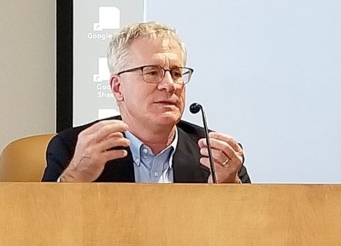 Kosciusko County Public Health Officer Dr. William Remington speaks during a new conference at Warsaw City Hall during the COVID-19 pandemic. Photo by Dan Spalding, News Now Warsaw