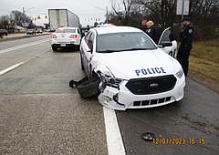 Shown is the stolen police car after it crashed with another vehicle in Cass County, Mich. The suspect, Michael Lee Eppenbaugh, 42, of Warsaw, somehow took control of the Mishawaka police car after fighting with police in Mishawaka. Photo Provided by Cass County Sheriff’s Office