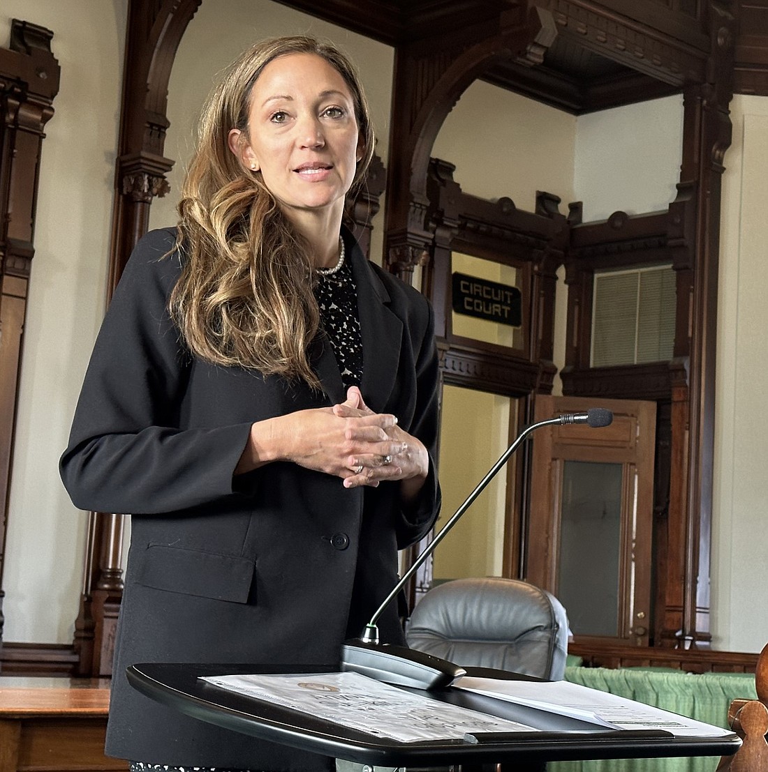 Dr. Lindsay Weaver, Indiana Department of Health state health commissioner, speaks to a group of invited guests Friday at the county courthouse about the Health First Indiana initiative. Photo by David Slone, Times-Union