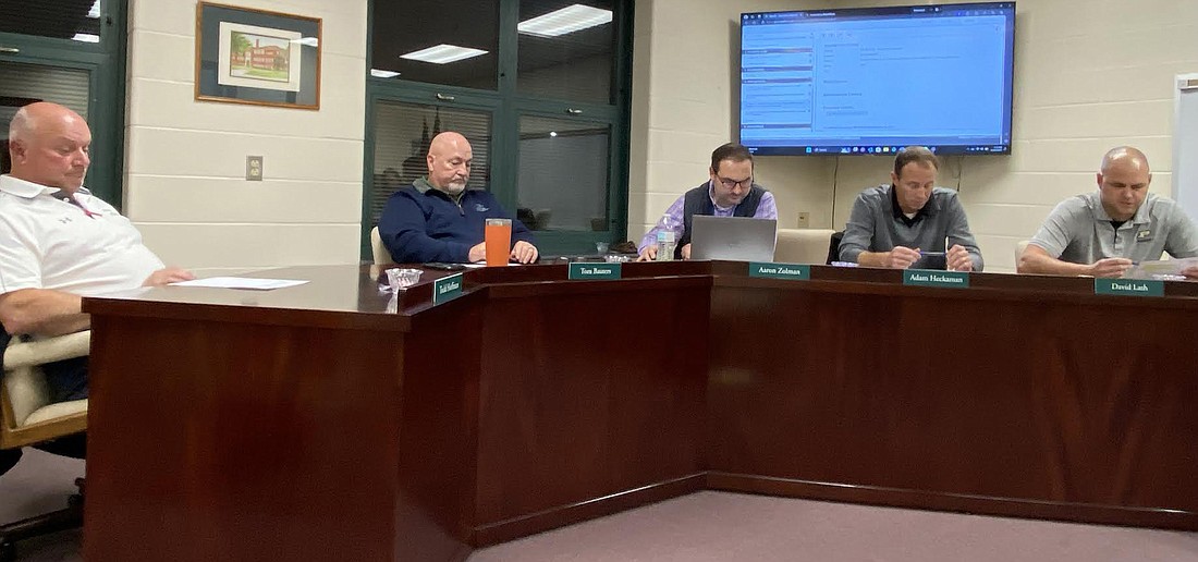 Pictured (L to R) at the Tippecanoe Valley School Board meeting on Monday are Board Secretary Todd Hoffman, board members Tom Bauters and Aaron Zolman, Vice President Adam Heckaman and President David Lash. Photo by Leah Sander, InkFreeNews