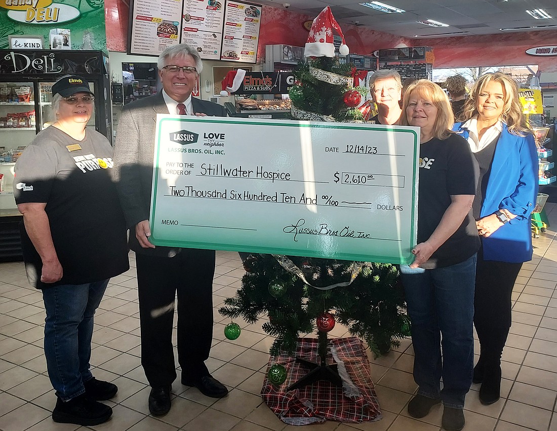 Pictured are Virginia Durik, Elmo’s Pizza and Subs manager; Glenn Hall, Kosciusko community outreach director of Stillwater Hospice; Nancy Carder, Lassus employee; Lora Bridgeman, store manager; and Stacy Leek, hospice care consultant with Kosciusko County. Photo by Jackie Gorski, Times-Union