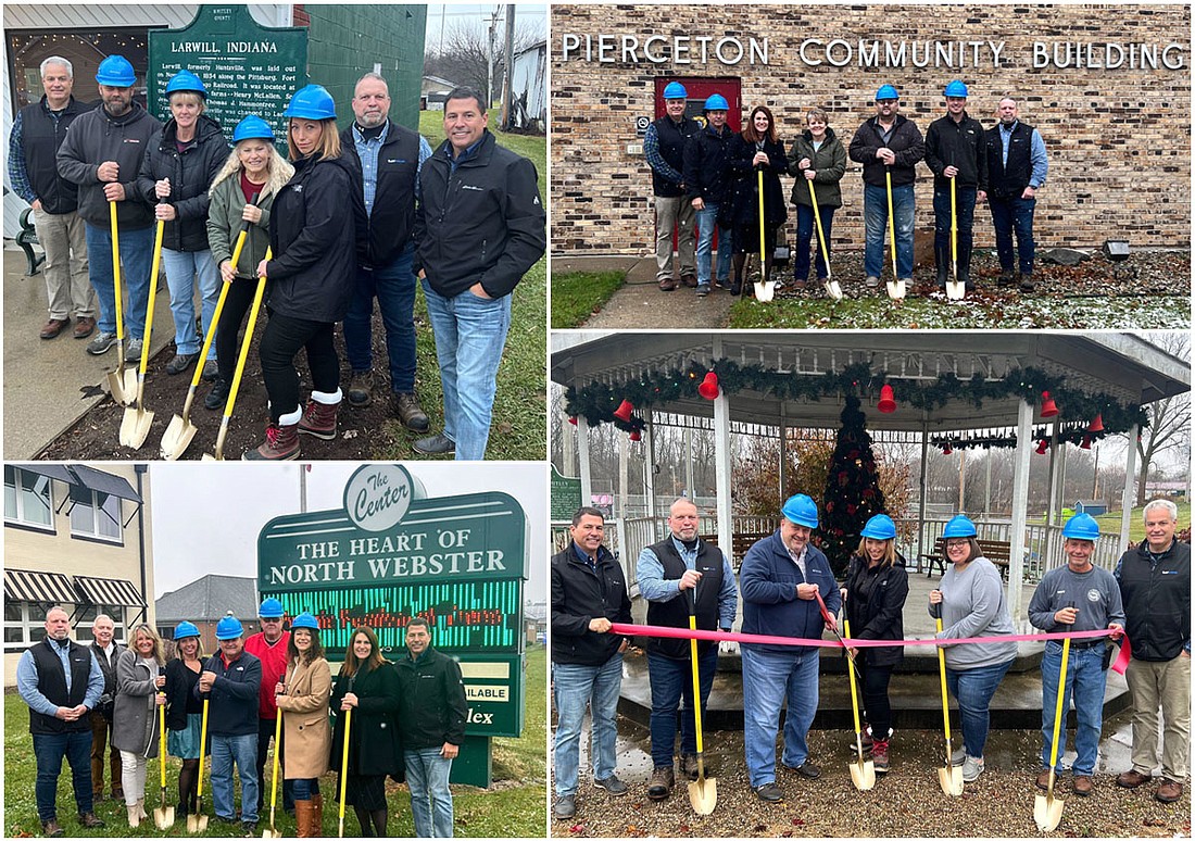 Surf Internet employees Scott Franko, Jim Morris and Phil Cox pose with town leaders of Larwill, North Webster, Pierceton and South Whitley for photos at their recent groundbreaking ceremonies. Photos Provided