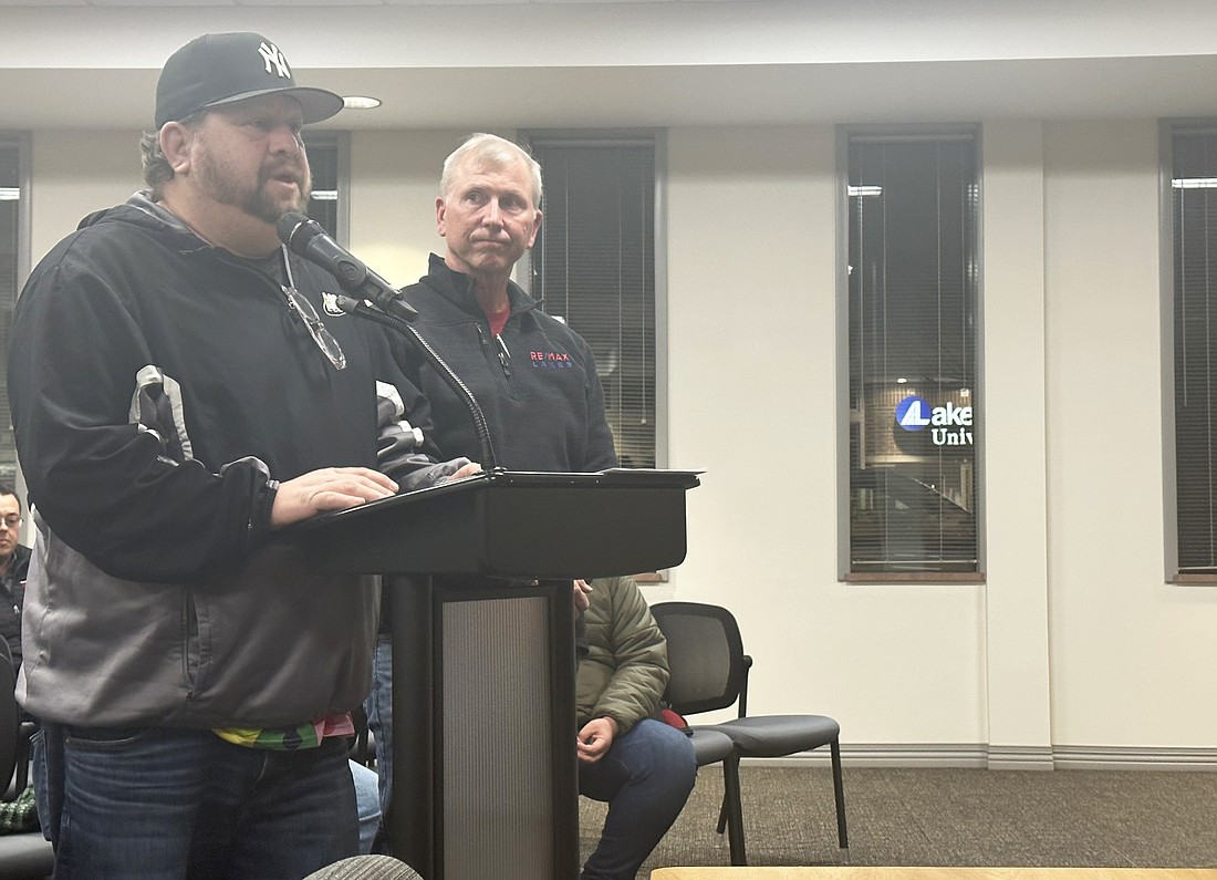 City-County Athletic Complex Executive Director Mike Hagy (L) and CCAC Board President Mark Skibowski (R) speak to the Warsaw Common Council Tuesday about the scoreboards at the CCAC. Photo by David Slone, Times-Union