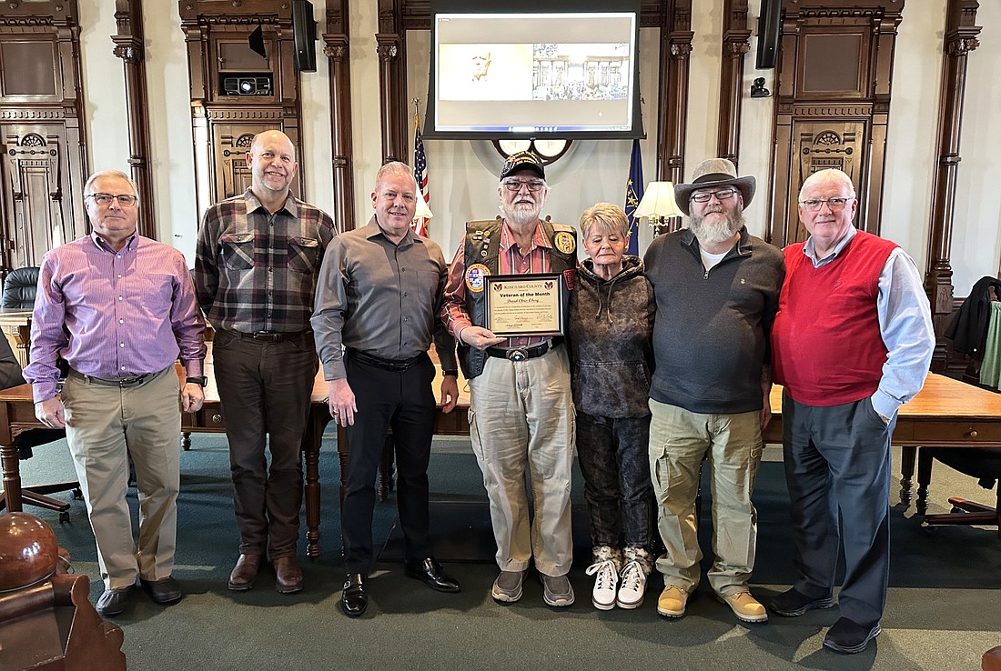 David Chris Oberg, a U.S. Air Force veteran who served in Vietnam, is the January 2024 Kosciusko County Veteran of the Month. Pictured (L to R) are: Darryl McDowell, county veteran service officer; Cary Groninger, county commissioner; Mike Oberg, son; David Oberg; Jean Oberg, wife; Chris Oberg, son; and Bob Conley, county commissioner. Photo by David Slone, Times-Union