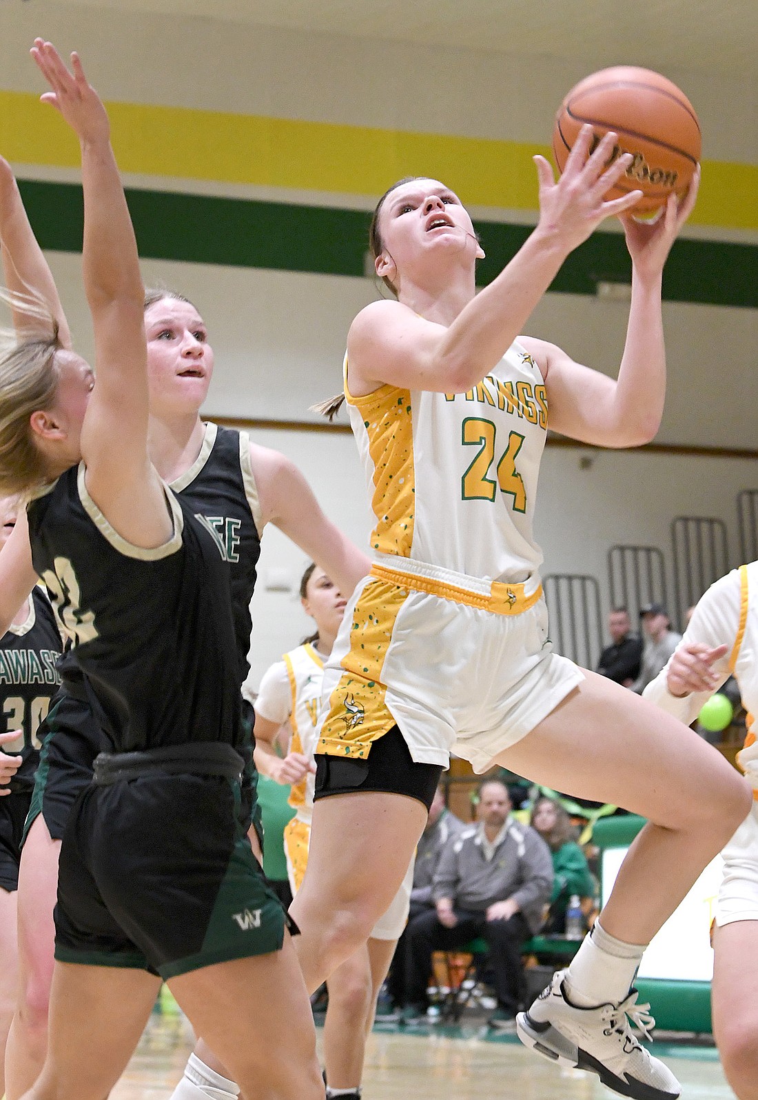 Tippecanoe Valley senior Ava Egolf scores two of her game-high points during the first period of Tuesday night's home game against Wawasee. Photo by Gary Nieter