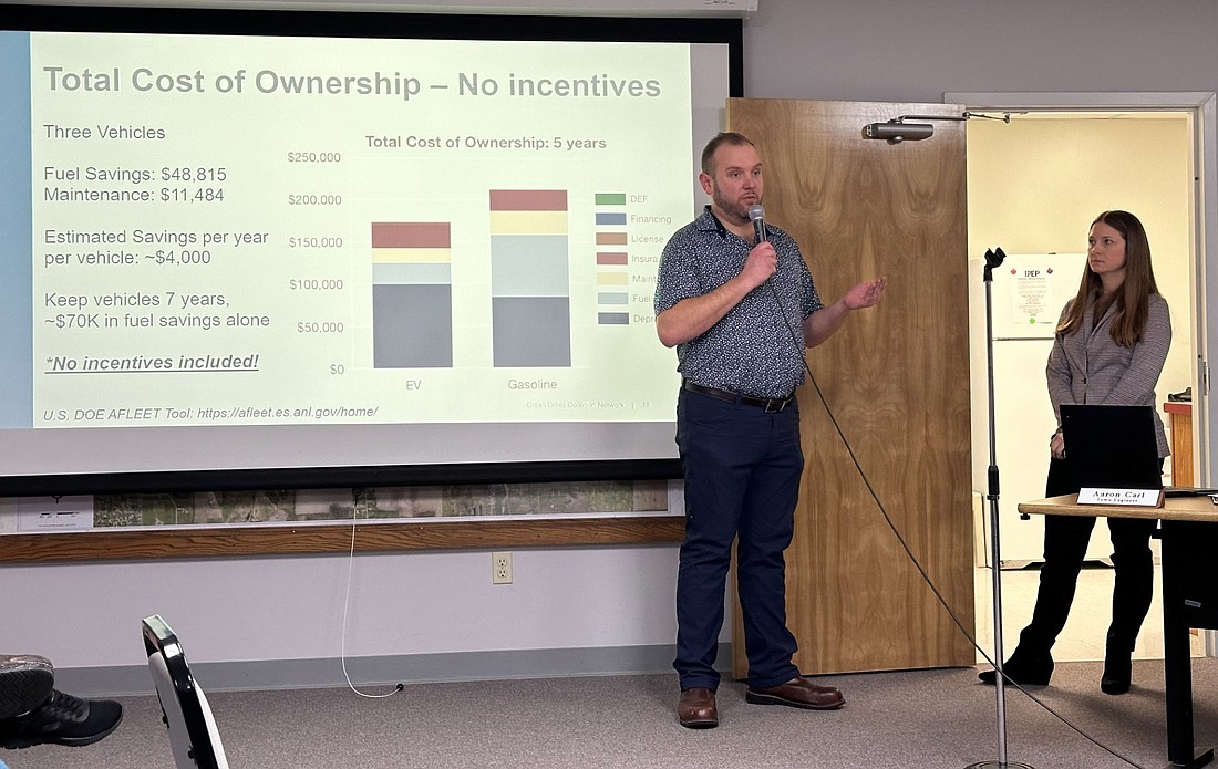 Leah Thill (R), Michiana Area Council of Governments director of sustainability, and Ryan Lisek, Drive Clean Indiana program director, speak to the Winona Lake Town Council Tuesday about electric vehicles. Photo by David Slone, Times-Union