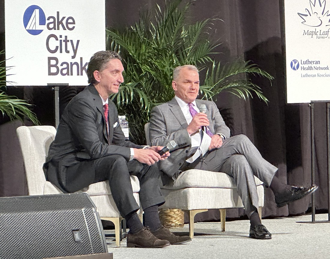 Lake City Bank CEO David Findlay (R) interviews Zimmer Biomet CEO Ivan Tornos (L) during the Kosciusko Chamber of Commerce’s 112th Annual Awards Dinner at the Manahan Orthopaedic Capital Center. Photo by David Slone, Times-Union