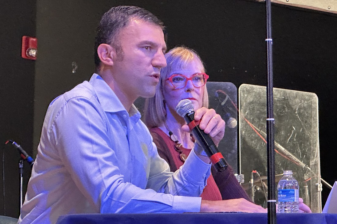 Republican 2nd District U.S. Congressman Rudy Yakym (L) answers a question from a Lakeland Christian Academy student Friday during a school assembly. Sitting to his right is Indiana Lt. Gov. Suzanne Crouch. Photo by David Slone, Times-Union