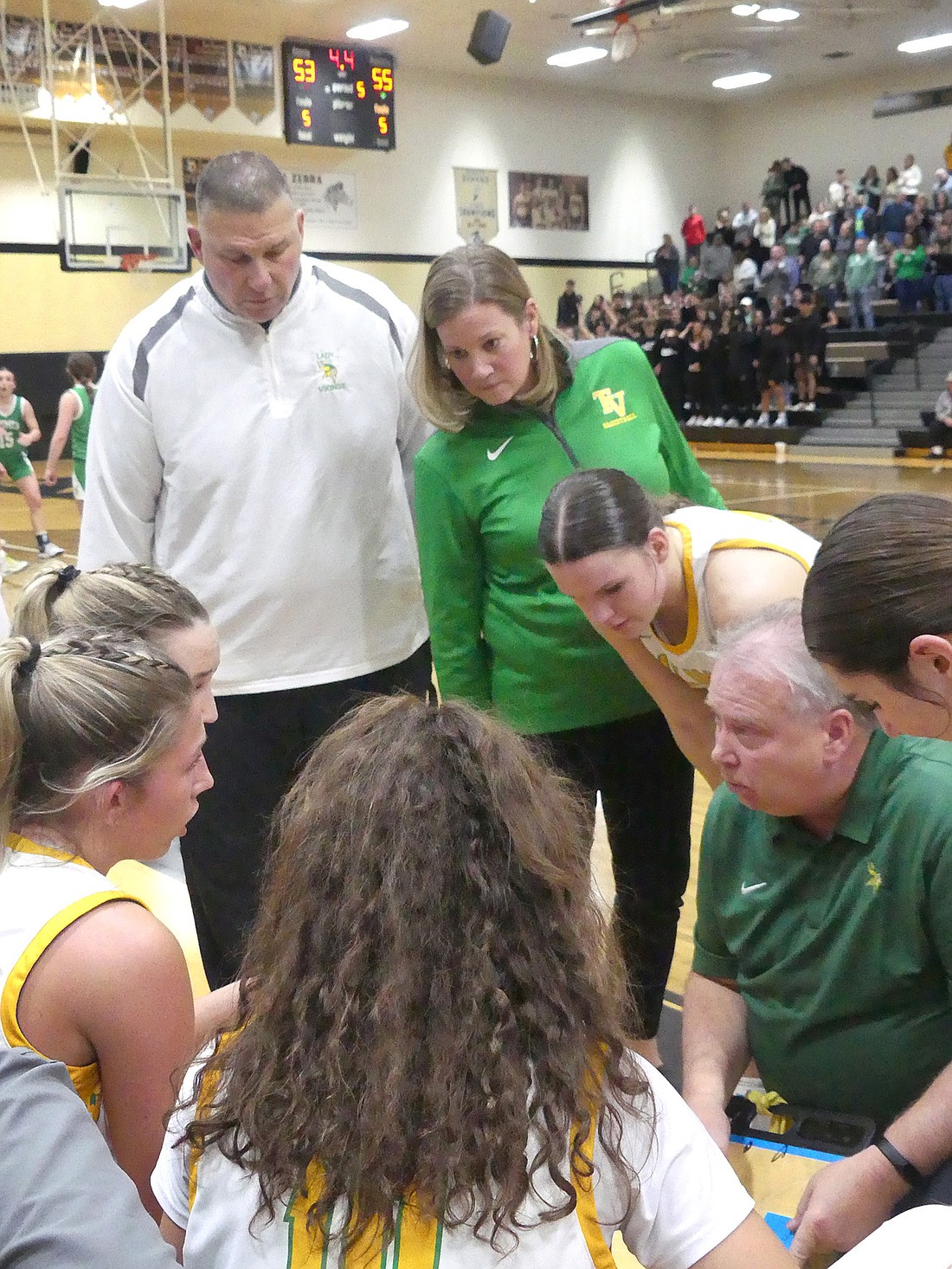 As the clock ticks down in overtime, Tippecanoe Valley head coach Chris Kindig draws up the final play for the Vikings. Photo by Gary Nieter