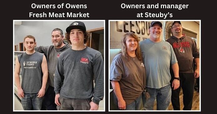 Pictured above in the photo at left are Owens Fresh Meat Market’s owner Mark Owens (C) and sons Austin (R) and Jonathan. To the right are Steuby’s owners Shawnee and Stu Wyson and manager-chef Tony Ford. Photo by Dan Spalding, NewsNowWarsaw