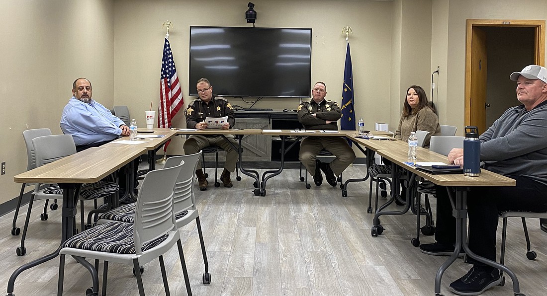 Listening at the Kosciusko County Sheriff's Merit Board meeting on Thursday are (L to R) Board member Tony Garza, Kosciusko County Sheriff's Office Chief Deputy Chris McKeand, Kosciusko County Sheriff Jim Smith and Board members Dana Leon and Bill Kelly. Photo by Leah Sander, InkFreeNews