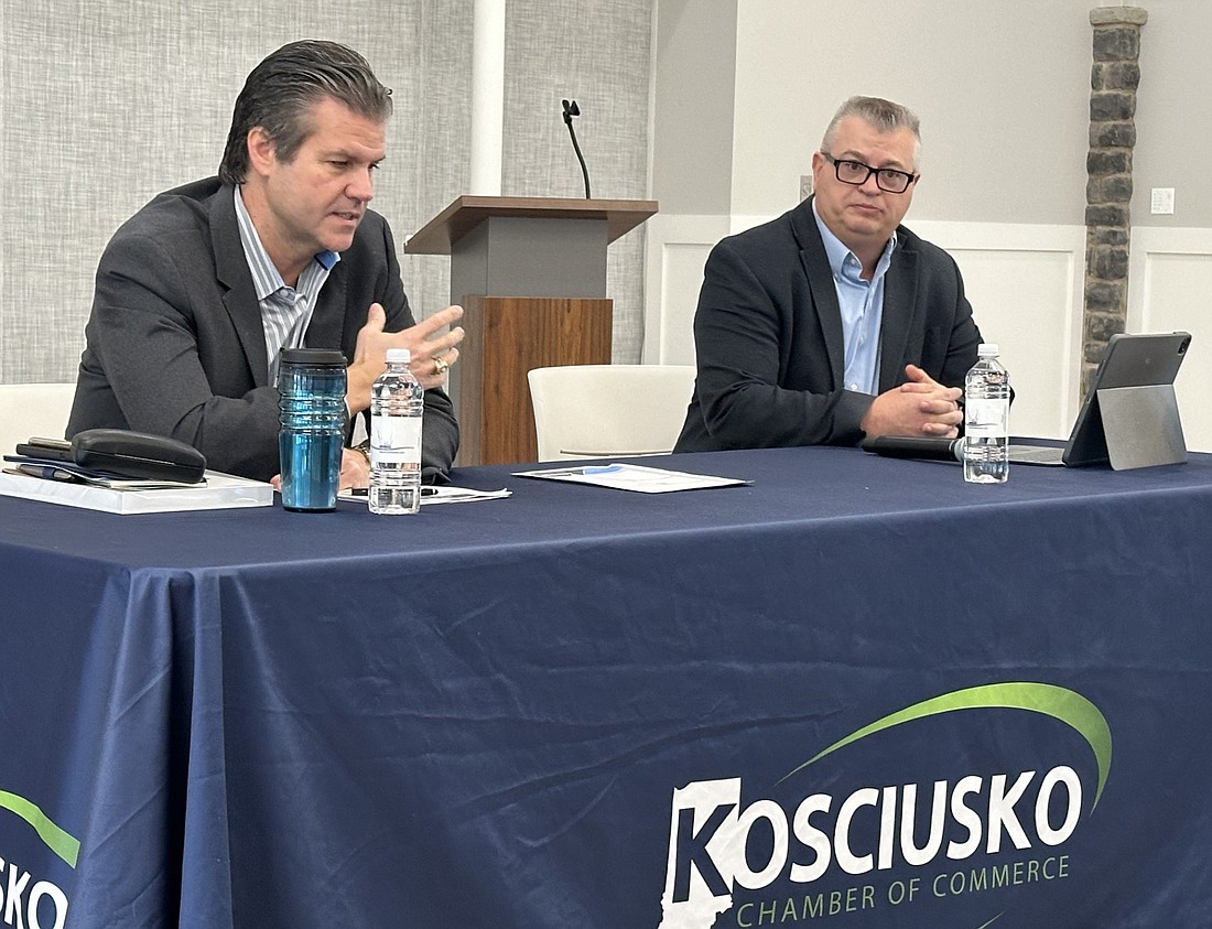 Indiana Sen. Ryan Mishler (left, R-Mishawaka) speaks Friday morning about a number of bills down at the Statehouse during the Kosciusko Chamber of Commerce Legislative Session Review at the Zimmer Biomet Center Lake Pavilion, Warsaw. Photo by David Slone, Times-Union