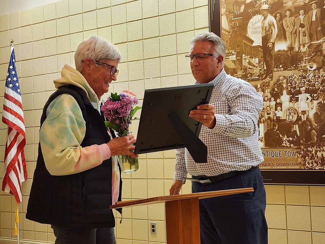 Georgia Tenney (L) is presented the official proclamation naming Thursday, Feb. 15 as Georgia Tenney Day in Pierceton from Town Council President Glenn Hall. Photo by Deb Patterson, InkFreeNews