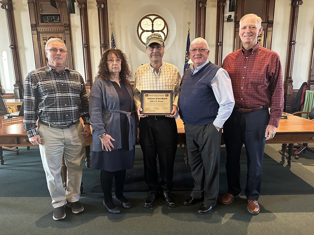 Jeff Morgan is the February 2024 Kosciusko County Veteran of the Month. Pictured (L to R) are Darryl McDowell, county veteran service officer; Margie and Jeff Morgan; and County Commissioners Bob Conley and Brad Jackson. Photo by David Slone, Times-Union